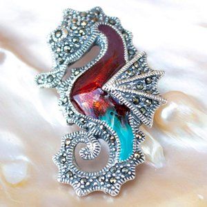 Swiss Marcasite Enamel Seahorse Sterling Silver Pendant